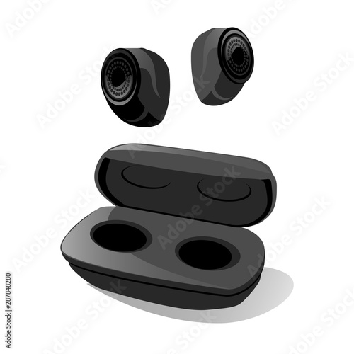 Earphones earbuds. Wireless Small in air.Black dark case with Modern gadget device for listen music in opened box. free hands technology. vector illustration isolated