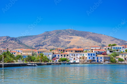 Scenic view of Galaxidi village with colorful buildings, Greece