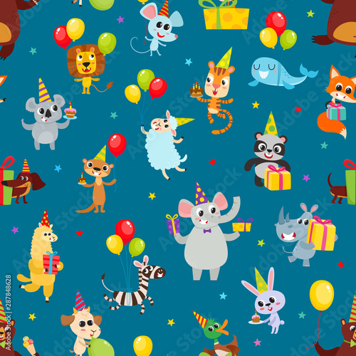 Birthday party cartoon seamless pattern with animals isolated on blue.