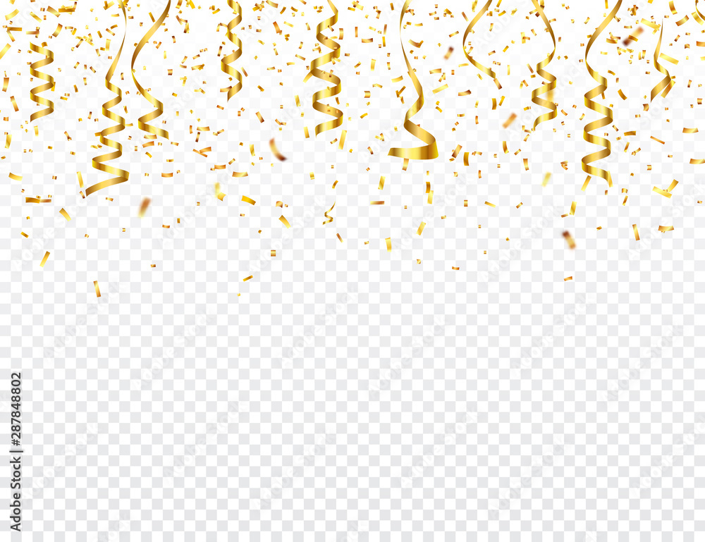 Christmas golden confetti with ribbon. Falling shiny glitter in gold color. New year, birthday, valentines day design element. Holiday background. Christmas golden confetti with ribbon. Falling shiny glitter in gold color. New year, birthday, valentines day design element. Holiday background.