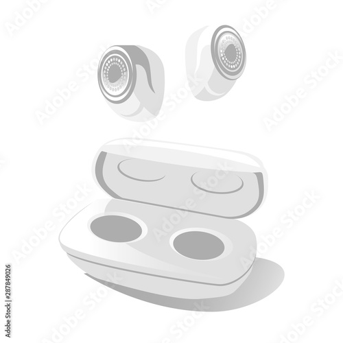 Earbuds in air. Small Earphones in case. Modern Wireless gadget device for listen music in opened box. free hands technology in white color. vector illustration isolated