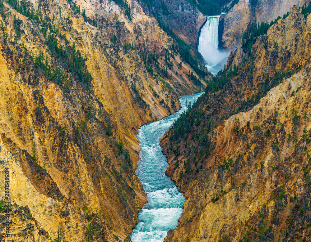 The Grand Canyon of the Yellowstone with the Lower Falls in the background  and the Yellowstone river underneath, Yellowstone national park, Wyoming,  USA. Stock Photo | Adobe Stock