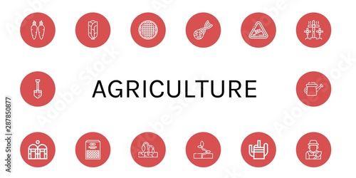 Set of agriculture icons such as Carrot, Cabbage, Beans, Gmo, Hill, Windmill, Greenhouse, Drought, Sprout, Watering can, Gardener, Shovel , agriculture