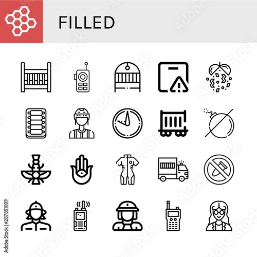 Set of filled icons such as Bond, Cradle, Walkie talkie, Important delivery, Confetti, Ribs, Referee, Sundial, Railway carriage, No bomb, Faravahar, Semitic neopaganism , filled