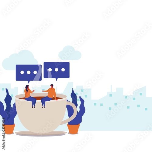 Break time flat vector concept couple talking above a cup of coffee.