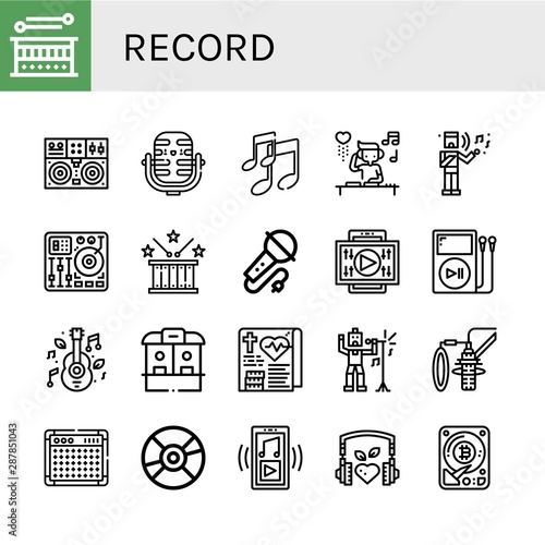 Set of record icons such as Drum, Turntable, Microphone, Music, DJ, Musical, Mixing table, Karaoke, Video, Mp player, Ticket office, Medical record, Singer, Dubbing, Amplifier , record