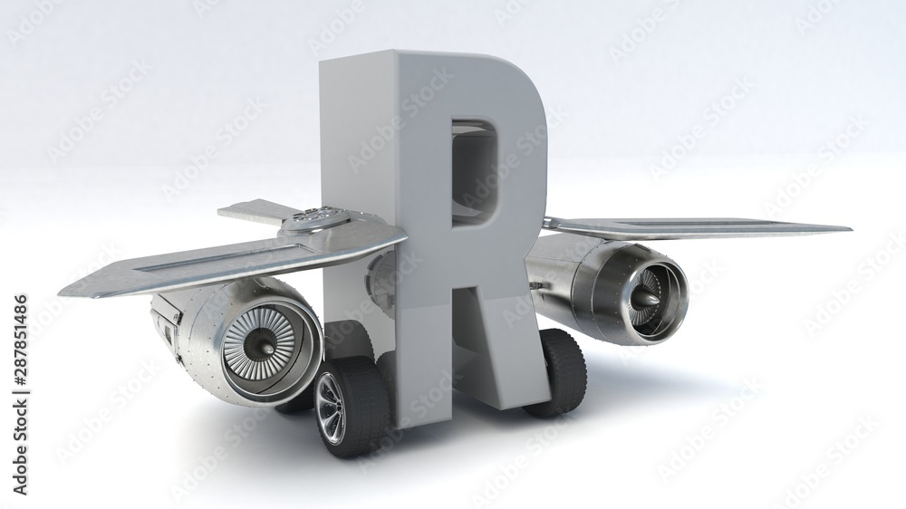 3D illustration of letter R with wings and wheels 3D illustration of letter R with wings and wheels