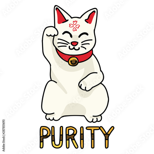 Cute white purity maneki neko vector. Hand drawn lucky cat Japanese culture clipart. 