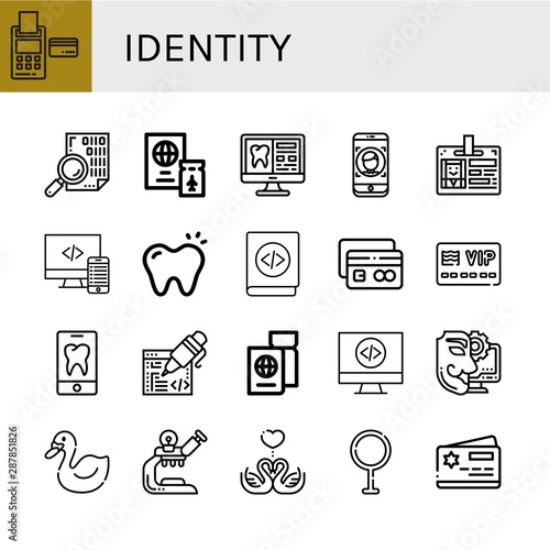 Set of identity icons such as Credit card, Coding, Passport, Tooth, Face id, Id card, Code, Member card, Anonymous, Swan, Microscope, Swans, Transvestite , identity