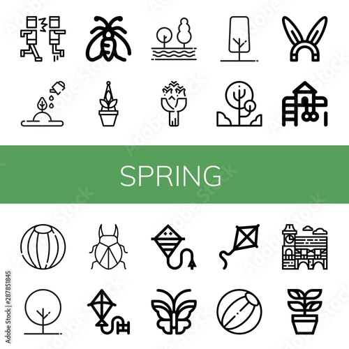 Set of spring icons such as Mosh, Plant, Moth, Tree, Roses, Rabbit, Playground, Beach ball, Beetle, Kite, Butterfly, Mimosa , spring