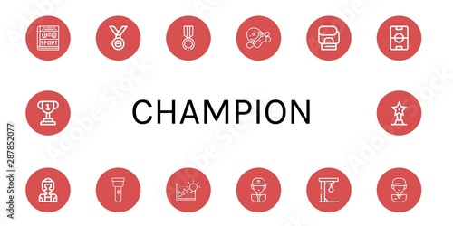 Set of champion icons such as Sport, Medal, Pool kickboard, Boxing gloves, Football field, Taekwondo, Torch, Achievement, Baseball player, Punching ball, Golf player , champion