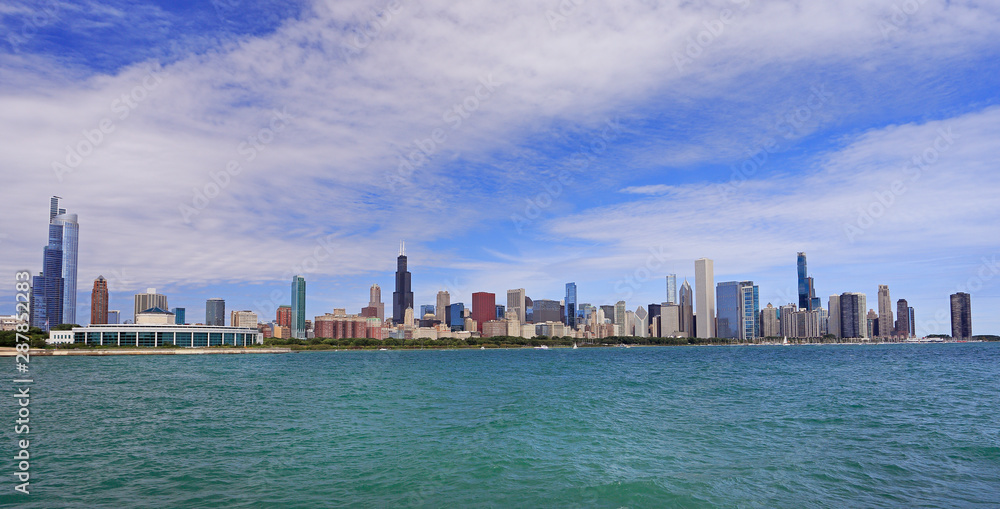 Panoramic view of Chicago skyline with Lake Michigan on the foreground, IL, USA