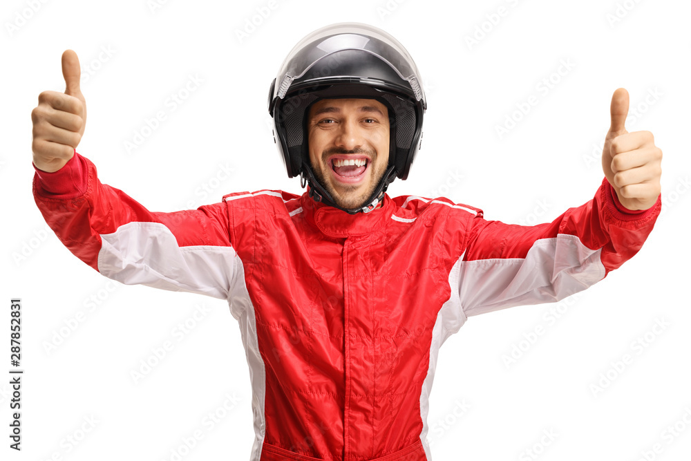 Cheerful racer with a helmet showing both thumbs up Cheerful racer with a helmet showing both thumbs up