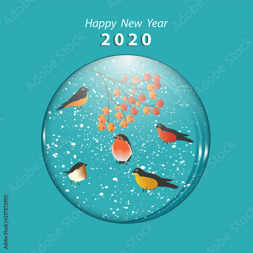 Tits and bullfinches, rowan branch - transparent bowl - illustration, vector. Happy New Year 2020. Christmas. Holiday banner.
