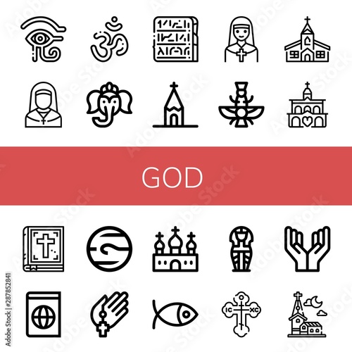 Set of god icons such as Eye of ra, Nun, Om, Ganesha, Egypt, Church, Faravahar, Bible, Atlas, Neptune, Prayer, Christianity, Sarcophagus, Orthodox cross , god