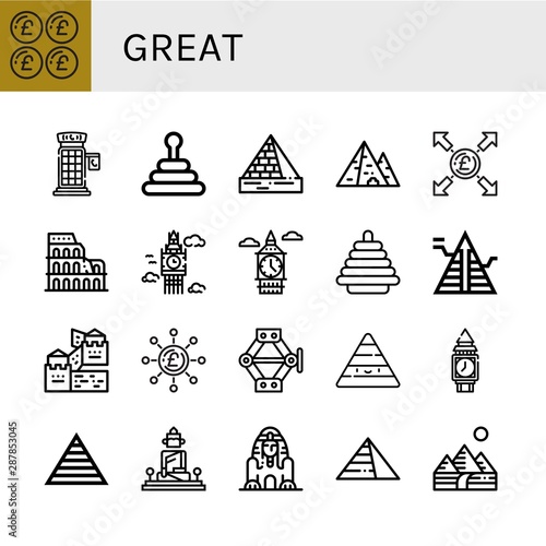 Set of great icons such as Pound, Phone booth, Pyramid, Pyramids, Coliseum, Big ben, Great wall of china, Jack, Clock tower, Great buddha of thailand, sphinx giza ,