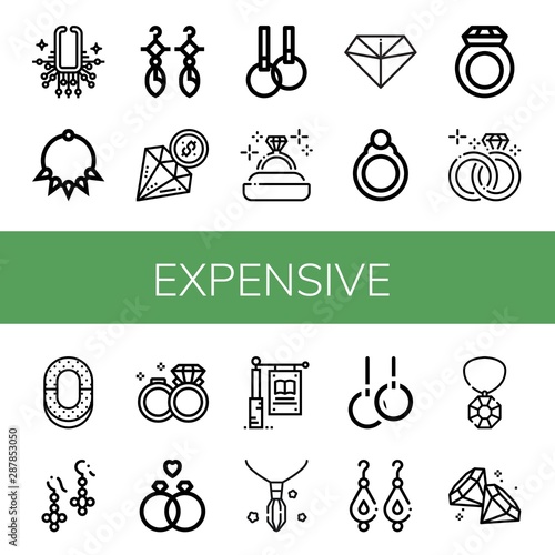 Set of expensive icons such as Necklace, Earrings, Diamond, Rings, Diamond ring, Ring, Wedding ring, Wedding rings, Signage, Gem , expensive