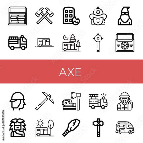 Set of axe icons such as Thermo bag, Fire truck, Axes, Camping, House on fire, Firefighter, Mace, Executioner, Troglodyte, Pickaxe, Ax, Weapon, Axe, Fireman , axe