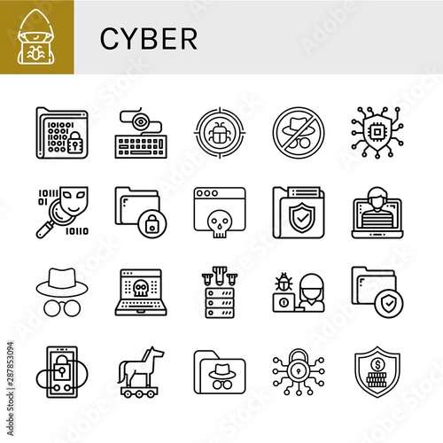 Set of cyber icons such as Hacker, Encrypt, Keylogger, Malware, Security, Spyware, Secure, Hack, Ddos, Trojan horse , cyber