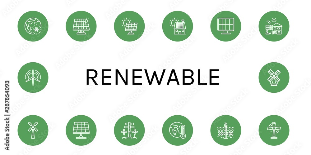 Set of renewable icons such as Global warming, Renewable energy, Solar energy, Solar panel, Solar cell, Windmill, Tidal, Turbine, Wind turbine , renewable Set of renewable icons such as Global warming, Renewable energy, Solar energy, Solar panel, Solar cell, Windmill, Tidal, Turbine, Wind turbine , renewable