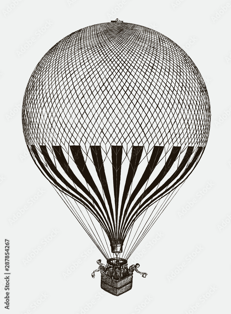 Historical balloon with several passengers standing in basket, after  lithography from 19th century Stock Vector | Adobe Stock