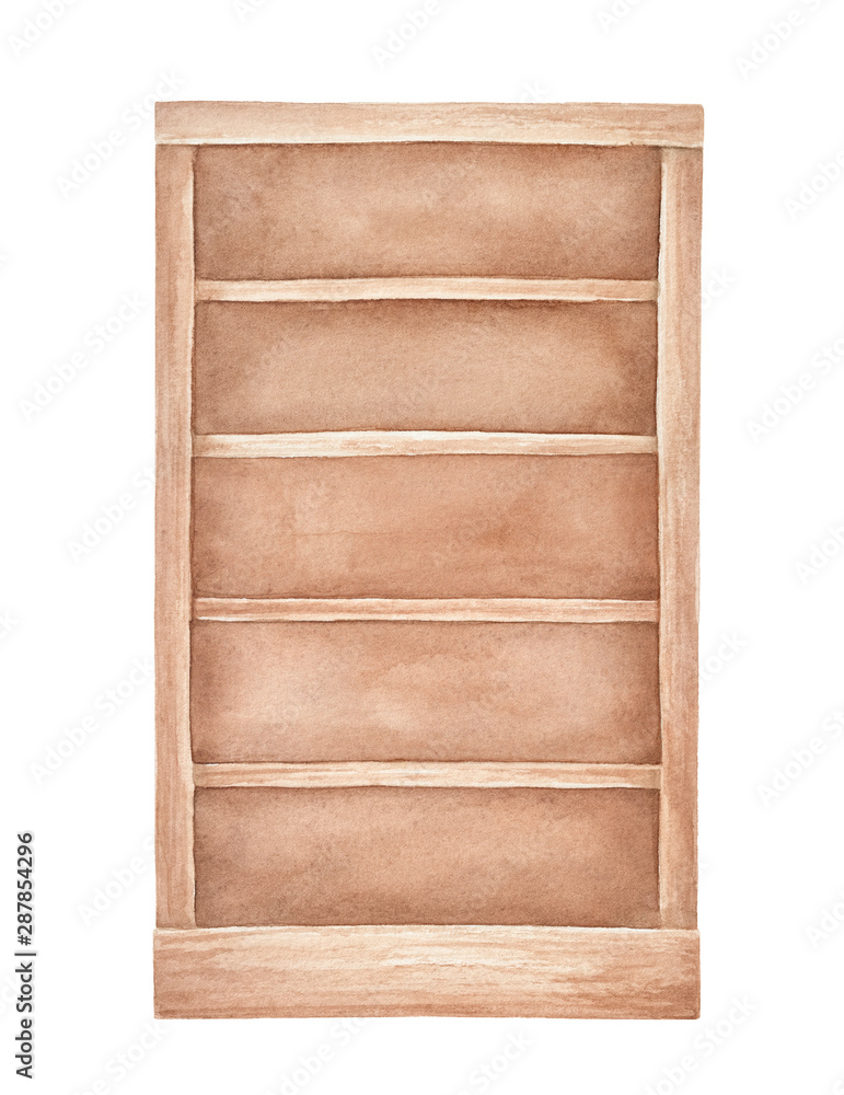 Watercolour illustration of traditional empty wooden bookcase. One single object, front view, light brown tone. Handdrawn water color sketchy painting, cutout clip art element for design decoration. Watercolour illustration of traditional empty wooden bookcase. One single object, front view, light brown tone. Handdrawn water color sketchy painting, cutout clip art element for design decoration.