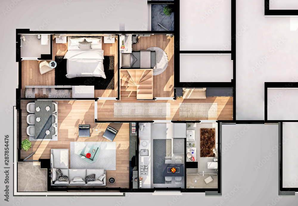3d render apartment floor plan - obrazy, fototapety, plakaty 