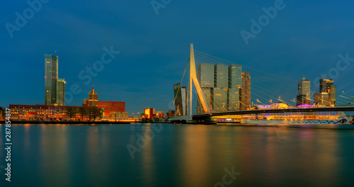 Cityscape of Rotterdam at night  Erasmus Bridge.