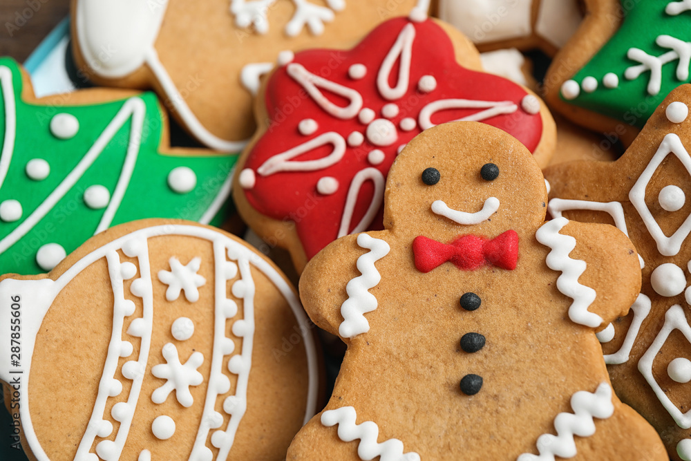 Tasty homemade Christmas cookies as background, closeup view