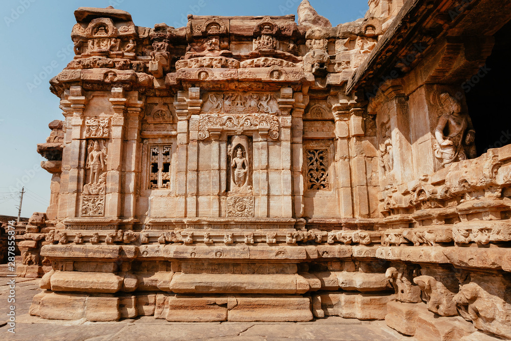 Hindu temple, sacred architecture in Pattadakal, India. UNESCO World Heritage site with stone carved temples of 7th and 8th-century