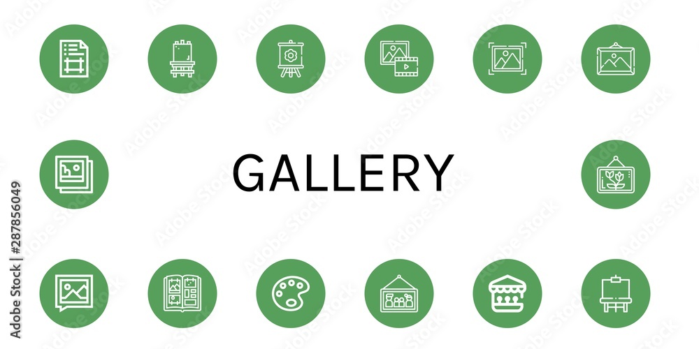 Set of gallery icons such as Artboard, Canvas, Picture, Photo album, Paint palette, Shooting gallery, Easel, Pictures , gallery Set of gallery icons such as Artboard, Canvas, Picture, Photo album, Paint palette, Shooting gallery, Easel, Pictures , gallery