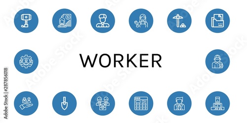 Set of worker icons such as Hammer, Individual, Businessman, Mechanic, Mining, Curriculum, Team, Trowel, Tiles, Croupier, Gas station attendant , worker