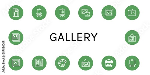 Set of gallery icons such as Artboard, Canvas, Picture, Photo album, Paint palette, Shooting gallery, Easel, Pictures , gallery