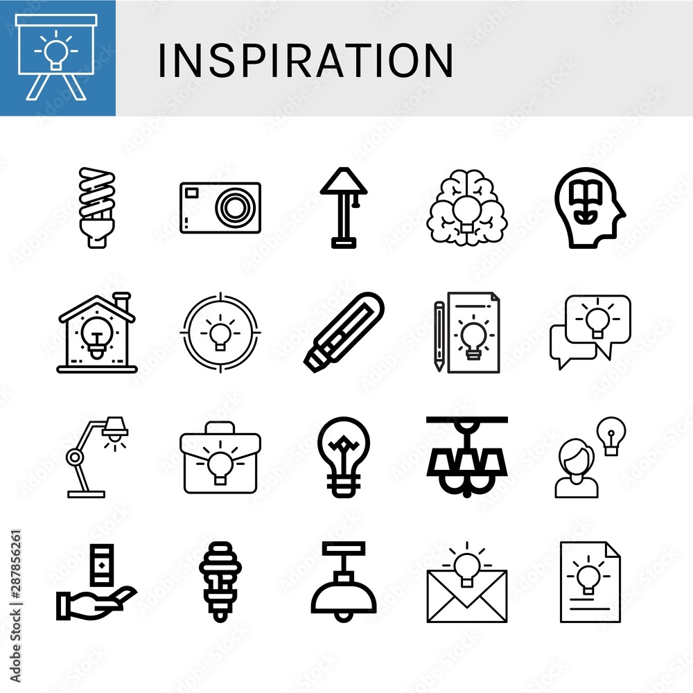 Set of inspiration icons such as Idea, Lightbulb, Compact camera, Lamp, Knowledge, Light bulb , inspiration Set of inspiration icons such as Idea, Lightbulb, Compact camera, Lamp, Knowledge, Light bulb , inspiration