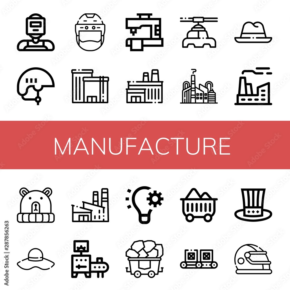 Set of manufacture icons such as Welder, Helmet, Factory, Sewing machine, Manufacturer, Hat, Conveyor, Automation, Coal , manufacture Set of manufacture icons such as Welder, Helmet, Factory, Sewing machine, Manufacturer, Hat, Conveyor, Automation, Coal , manufacture
