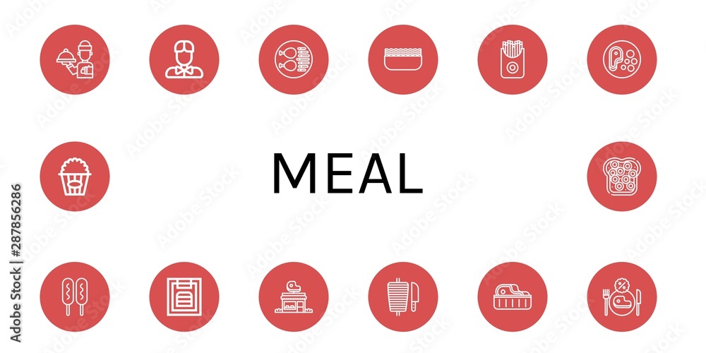 Set of meal icons such as Waiter, Chicken leg, Minced meat, French fries, Steak, Corn dog, Menu, Butcher shop, Shawarma, Restaurant, Popcorn, Caviar , meal Set of meal icons such as Waiter, Chicken leg, Minced meat, French fries, Steak, Corn dog, Menu, Butcher shop, Shawarma, Restaurant, Popcorn, Caviar , meal