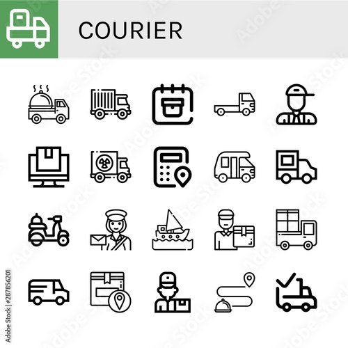 Set of courier icons such as Delivery truck, Truck, Delivery date, Postman, Tracking, Logistics, Van, Delivery, Postwoman, Ship, man, Delivered , courier