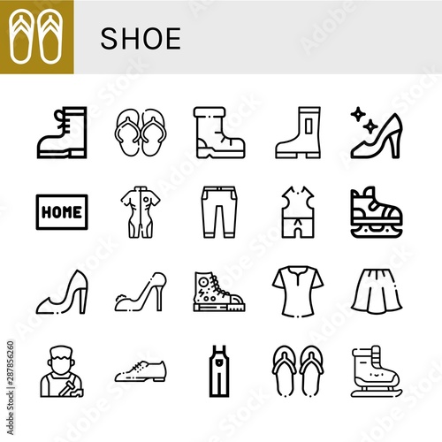 Set of shoe icons such as Flip flops, Boots, Sandal, Shoes, High heels, Doormat, Neoprene, Trousers, Clothes, Ice skate, Sneakers, Blouse, Skirt, Shoemaker, Overall, Ice skating , shoe