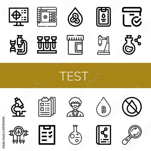 Set of test icons such as Cmyk, Laboratory, Color picker, Test, Erythrocytes, Urine, Clipboard, Research, Checked box, Flask, Microscope, Gauge, Checklist, Researcher, Blood type , test