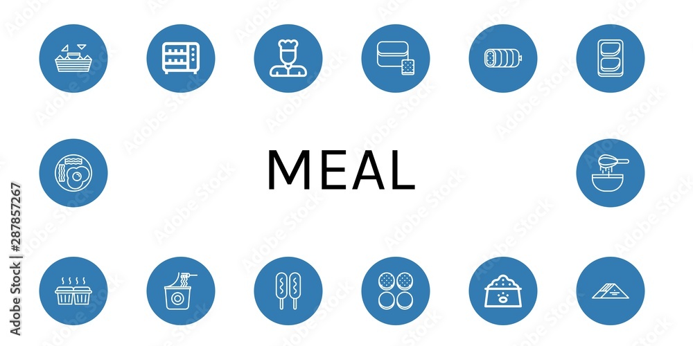 Set of meal icons such as Nachos, Toaster, Chef, Bread, Boiled, Chicken breast, Muffin, Instant noodles, Corn dog, Burger bun, Dog food, Sandwich, Fried eggs, Dough , meal Set of meal icons such as Nachos, Toaster, Chef, Bread, Boiled, Chicken breast, Muffin, Instant noodles, Corn dog, Burger bun, Dog food, Sandwich, Fried eggs, Dough , meal