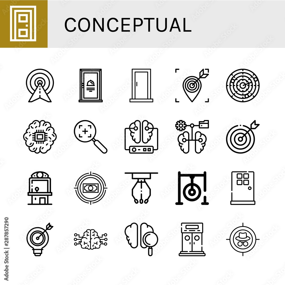 Set of conceptual icons such as Door, Target, Dart, Brain, Claw machine, Darts target, Entrance , conceptual Set of conceptual icons such as Door, Target, Dart, Brain, Claw machine, Darts target, Entrance , conceptual