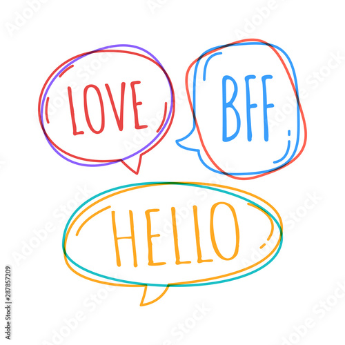 Set of different speech bubble in doodle style with text love, bff, hello inside