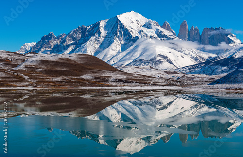 Reflection of the Torres del Paine granite peaks in winter inside Torres del Paine National Park, Chile. 