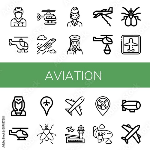 Set of aviation icons such as Flight attendant, Helicopter, Plane, Air hostess, Pilot, Fly, Airport, Airplane, Zeppelin , aviation