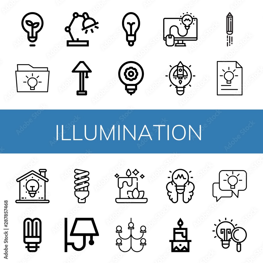 Set of illumination icons such as Light bulb, Idea, Desk lamp, Lamp, Lightbulb, Wall lamp, Candle, Chandelier , illumination