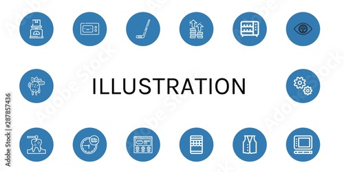 Set of illustration icons such as Scale, Microwave, Hockey stick, Growth, Toaster, Vision, Dental drill, Time, Website, Online shopping, Vest, Graphic tablet, Thinking , illustration