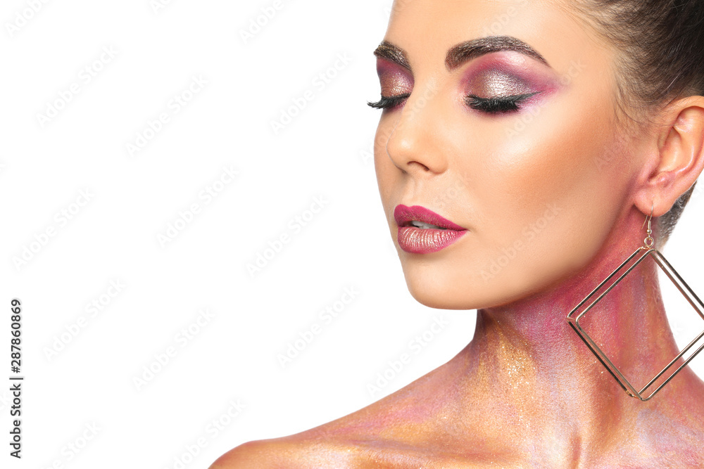 Sexy young woman with glitter makeup on white background Sexy young woman with glitter makeup on white background