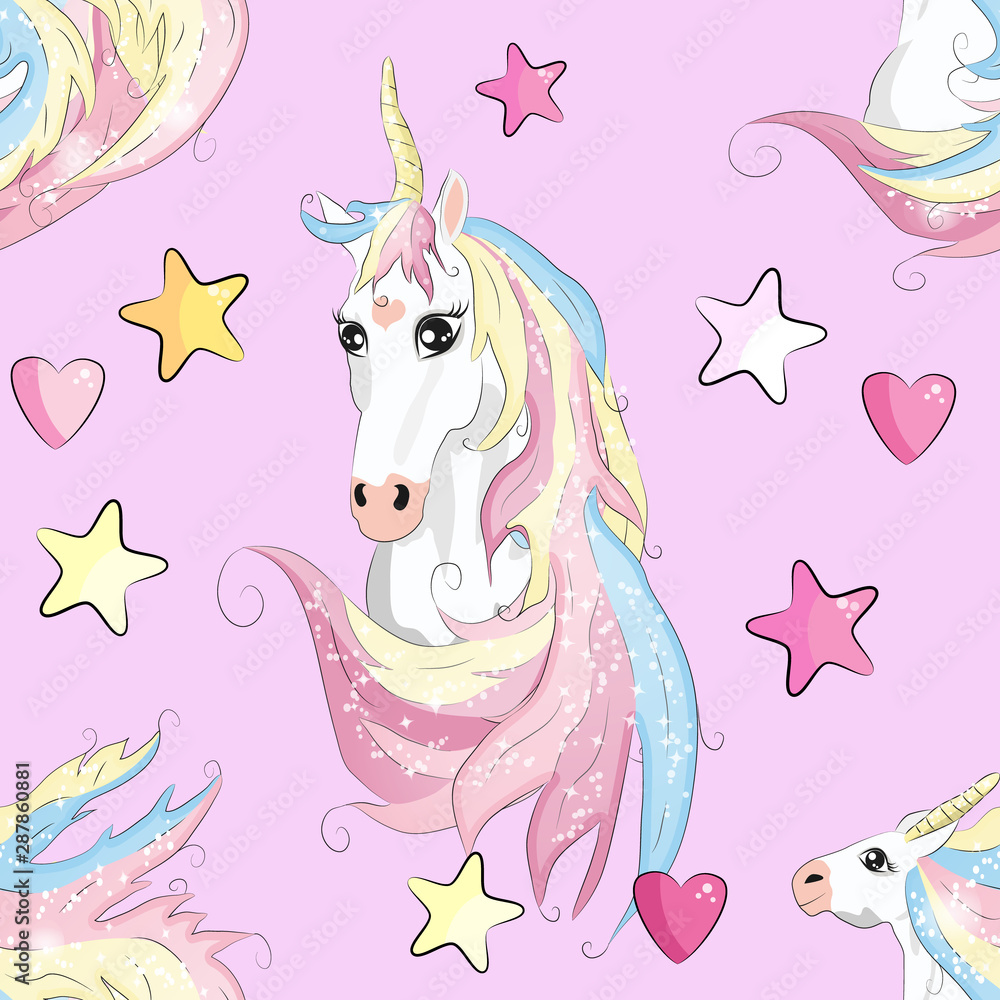 pattern with cute unicorns, clouds,rainbow and stars. Magic background with little unicorns. pattern with cute unicorns, clouds,rainbow and stars. Magic background with little unicorns.