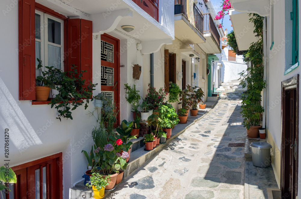 Architecture in the Chora village of Skopelos island, Greece
