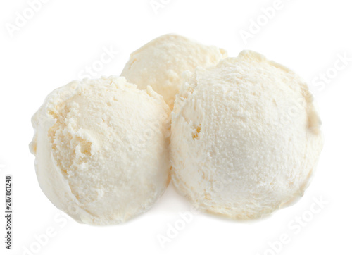 Scoops of delicious ice cream on white background